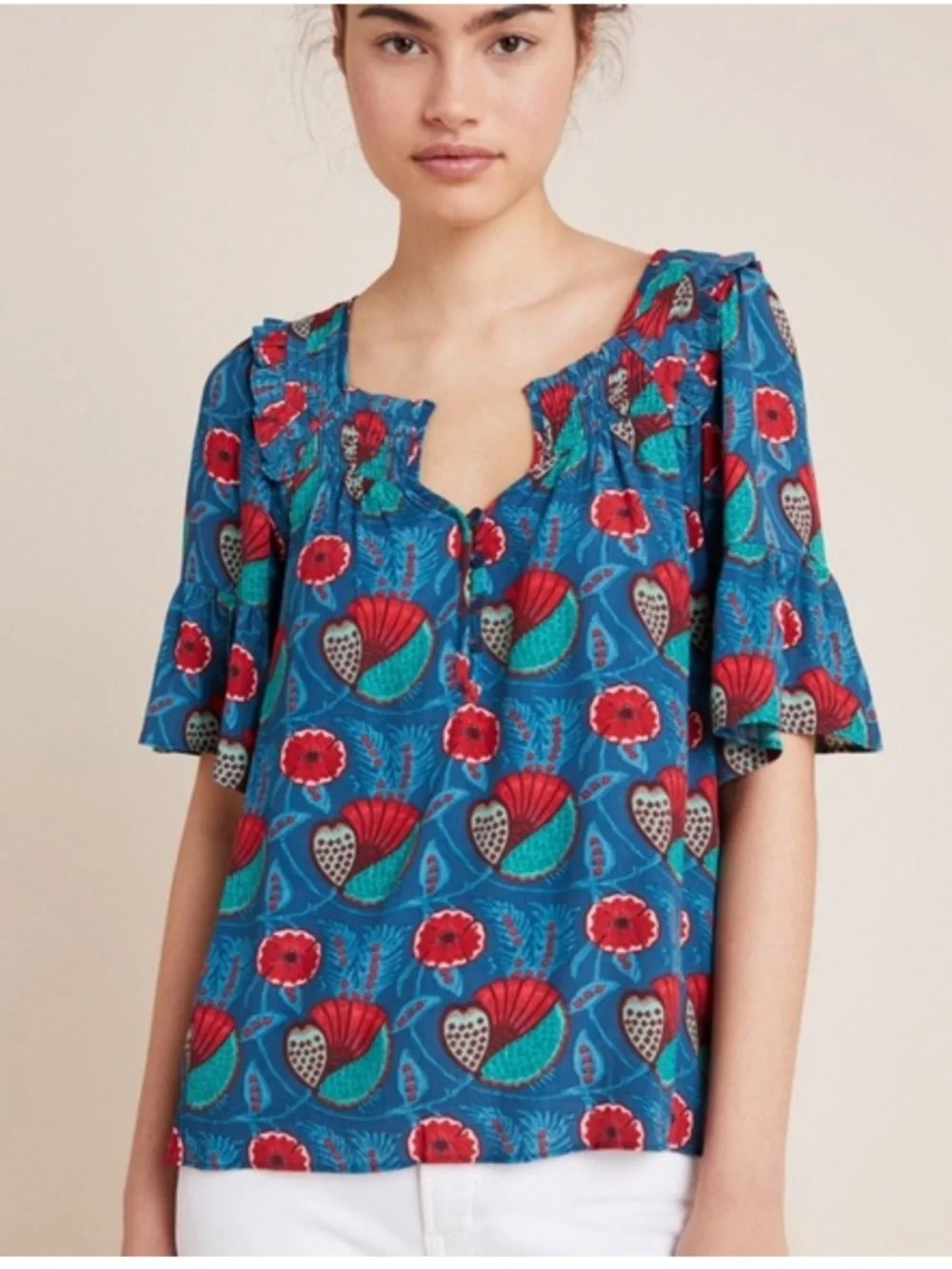 Anthro Maeve Letitia Smocked Floral Blouse Blue Ruffle Top Size Small - Picture 2 of 15
